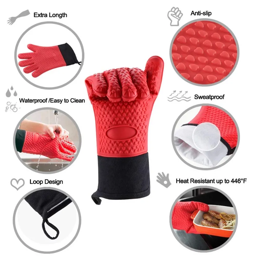 Silicone Gloves Heat Resistant Double Oven Mitts for Kitchen Cooking BBQ Baking thumbnail 3